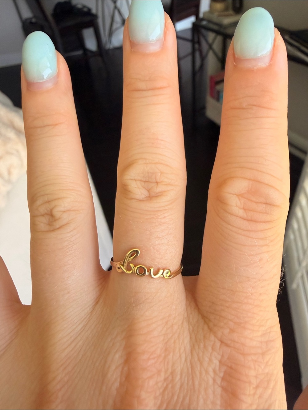 14k Delicate Gold 'Love' Script Ring